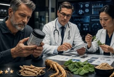 A concerned man reading a dietary supplement label while a male doctor and a female researcher analyze medical charts and botanical ingredients in a high-tech laboratory.