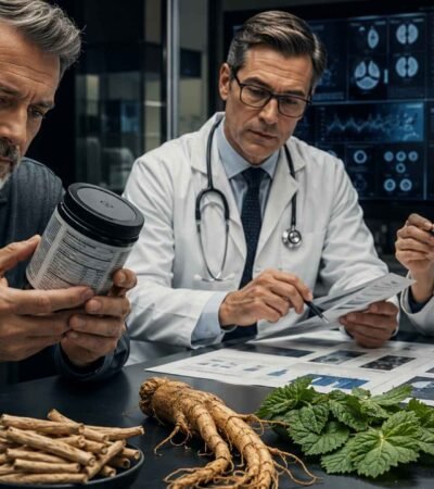 A concerned man reading a dietary supplement label while a male doctor and a female researcher analyze medical charts and botanical ingredients in a high-tech laboratory.