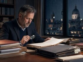 Researcher reviewing case files to explain the Danish meaning of Sagerne.