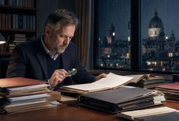 Researcher reviewing case files to explain the Danish meaning of Sagerne.