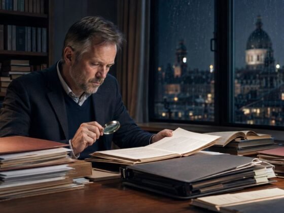 Researcher reviewing case files to explain the Danish meaning of Sagerne.