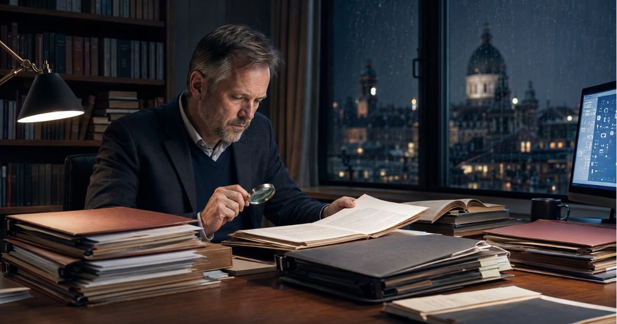 Researcher reviewing case files to explain the Danish meaning of Sagerne.