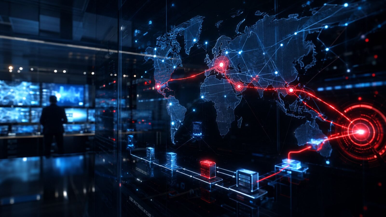 A digital global map in a dark control room showing red glowing network connections, representing cyber threats, high-risk IP addresses, and online fraud detection.