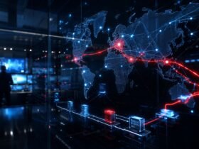 A digital global map in a dark control room showing red glowing network connections, representing cyber threats, high-risk IP addresses, and online fraud detection.
