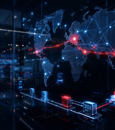 A digital global map in a dark control room showing red glowing network connections, representing cyber threats, high-risk IP addresses, and online fraud detection.