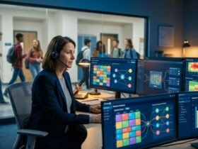A school administrator wearing a headset and working at a desk with multiple computer monitors displaying the colorful RTI Scheduler dashboard and attendance analytics.