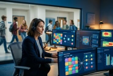 A school administrator wearing a headset and working at a desk with multiple computer monitors displaying the colorful RTI Scheduler dashboard and attendance analytics.