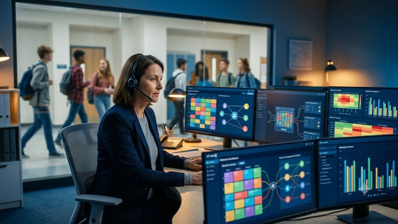 A school administrator wearing a headset and working at a desk with multiple computer monitors displaying the colorful RTI Scheduler dashboard and attendance analytics.