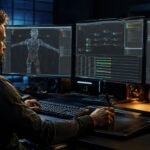 sfm compile, A professional 3D artist working in a dark studio on a multi-monitor setup, configuring a wireframe model and compiling assets for Source Filmmaker.