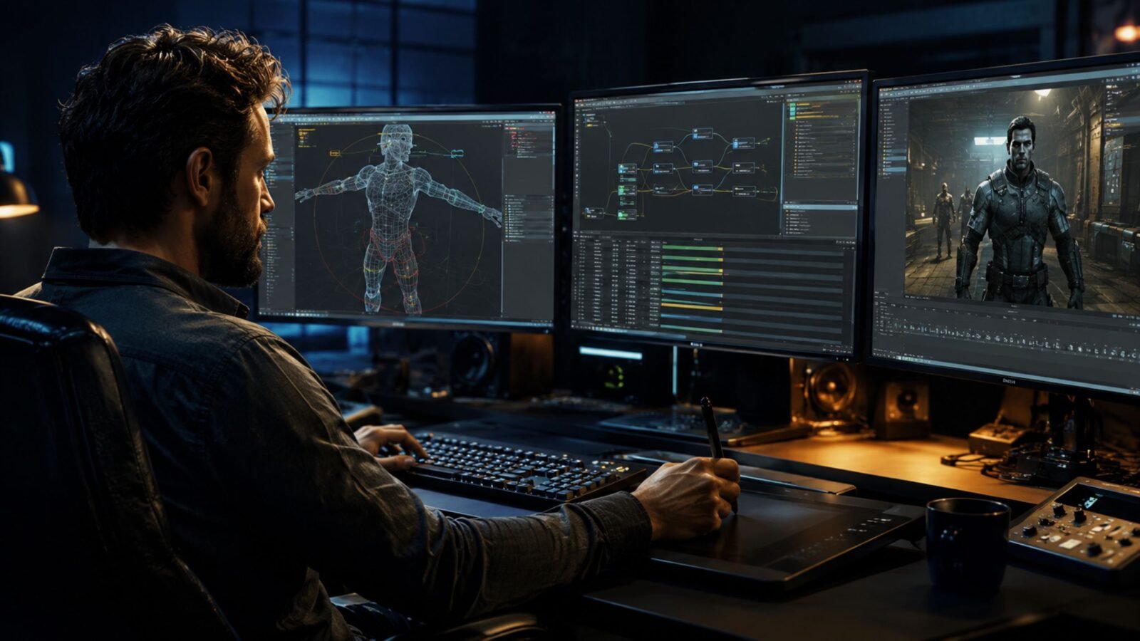 sfm compile, A professional 3D artist working in a dark studio on a multi-monitor setup, configuring a wireframe model and compiling assets for Source Filmmaker.