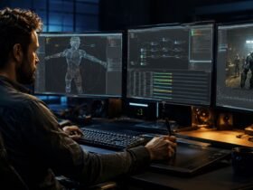 sfm compile, A professional 3D artist working in a dark studio on a multi-monitor setup, configuring a wireframe model and compiling assets for Source Filmmaker.