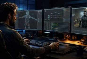 sfm compile, A professional 3D artist working in a dark studio on a multi-monitor setup, configuring a wireframe model and compiling assets for Source Filmmaker.