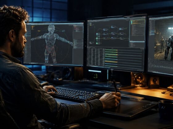 sfm compile, A professional 3D artist working in a dark studio on a multi-monitor setup, configuring a wireframe model and compiling assets for Source Filmmaker.