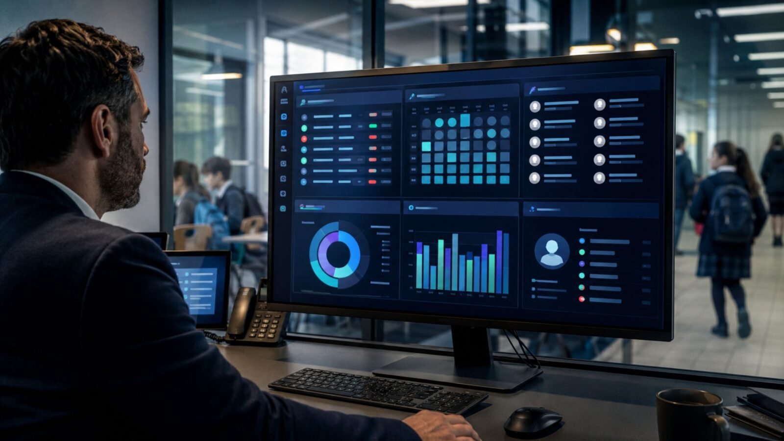 A school administrator reviewing a comprehensive digital dashboard on a computer monitor, displaying attendance charts and student data panels.