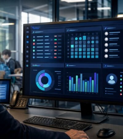 A school administrator reviewing a comprehensive digital dashboard on a computer monitor, displaying attendance charts and student data panels.