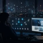 Truzio, A tech professional analyzing structured data validation networks and corporate infrastructure across multiple computer screens in a dark office at night.