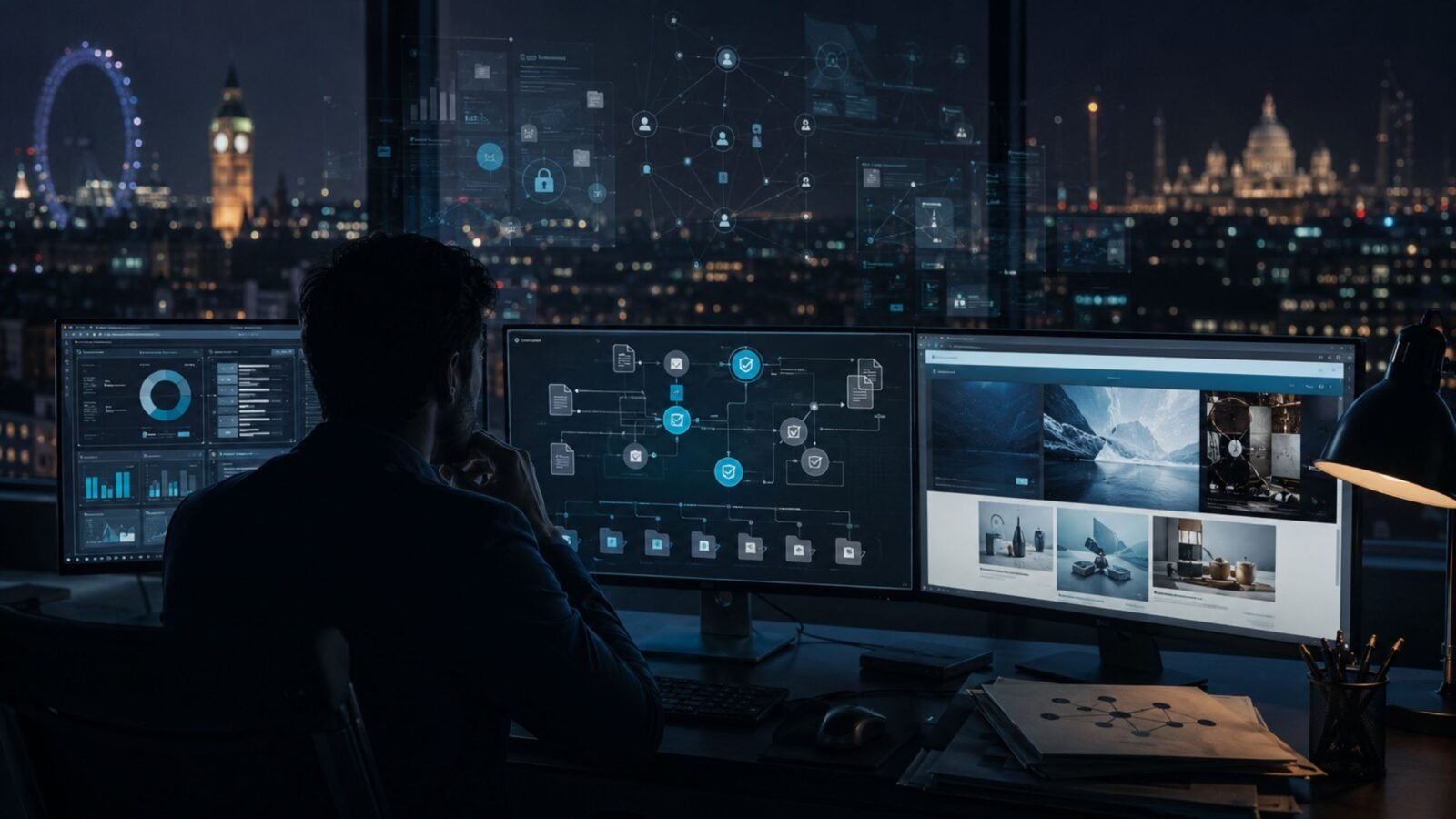 Truzio, A tech professional analyzing structured data validation networks and corporate infrastructure across multiple computer screens in a dark office at night.