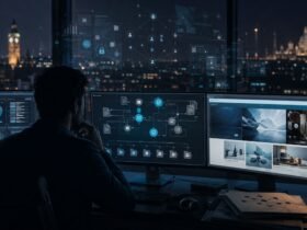 Truzio, A tech professional analyzing structured data validation networks and corporate infrastructure across multiple computer screens in a dark office at night.