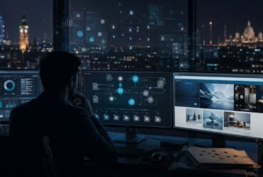 Truzio, A tech professional analyzing structured data validation networks and corporate infrastructure across multiple computer screens in a dark office at night.