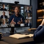 A professional businessman participating in a structured virtual team meeting on a desktop monitor