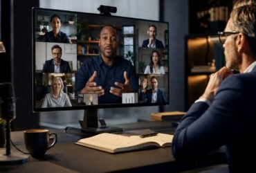A professional businessman participating in a structured virtual team meeting on a desktop monitor
