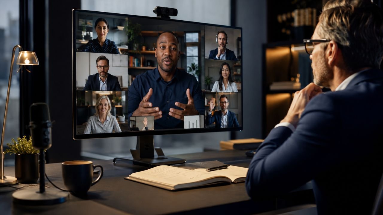 A professional businessman participating in a structured virtual team meeting on a desktop monitor